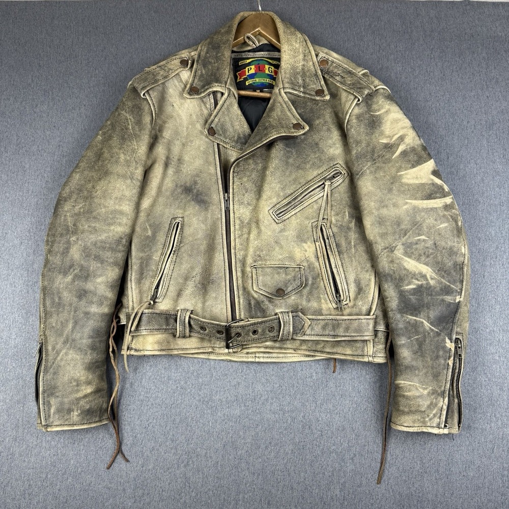 PLG Leather Jacket Biker Tan Belted Men Size M Distressed Grunge Faded Punk
